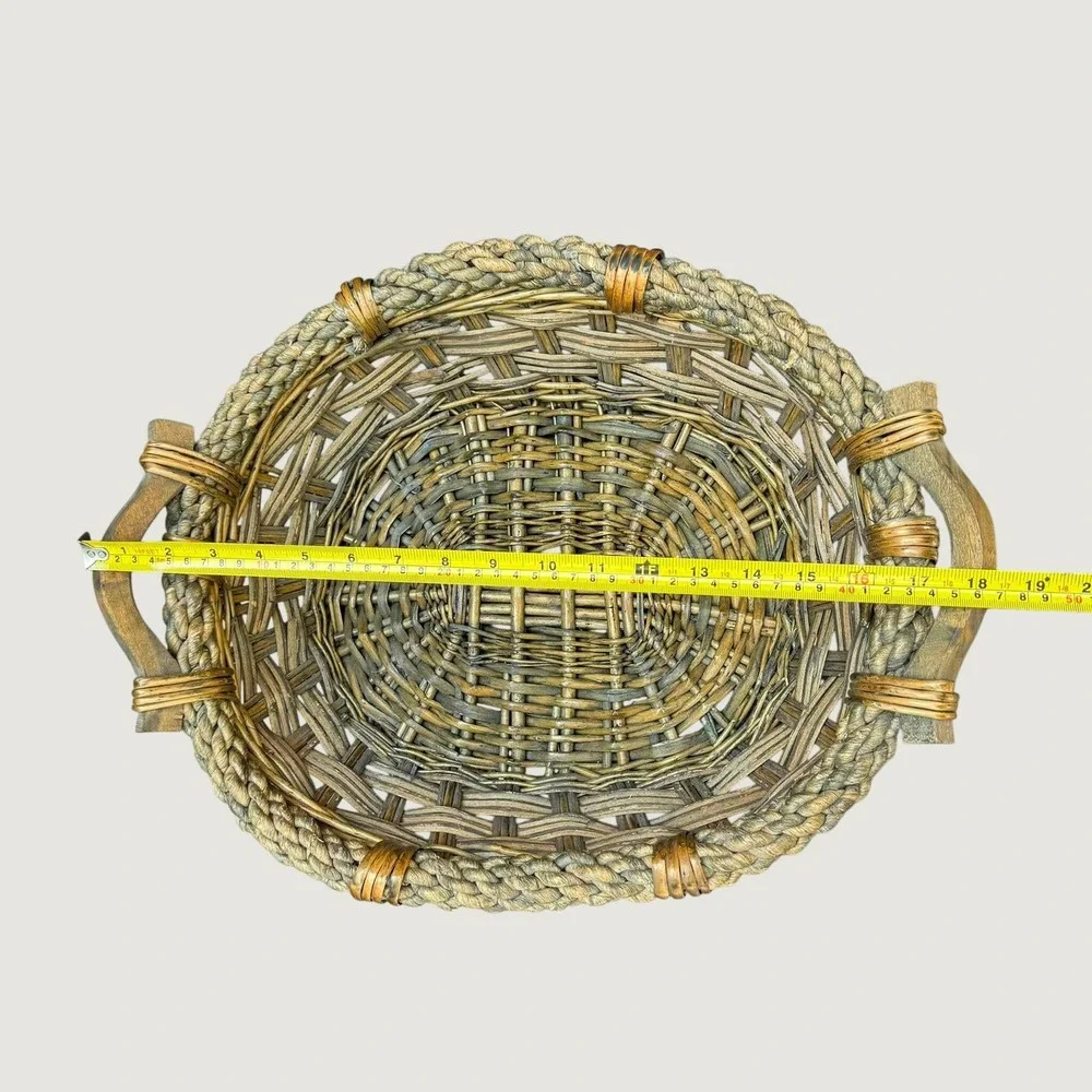 Rustic Woven Wicker Basket with Braided Vine Rim and Wooden Handles Oval Tray